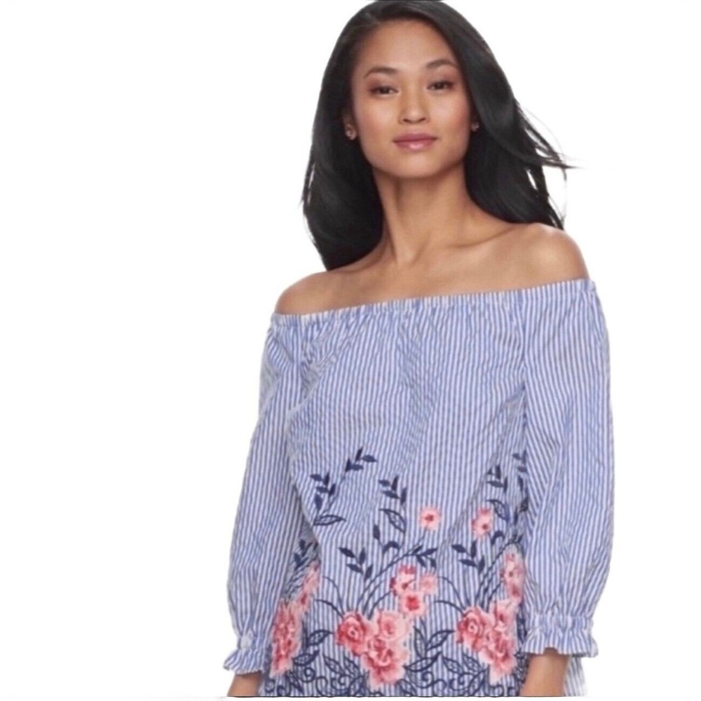 NWT ELLE Women's Off Shoulder Blouse Size Small Blue Striped Floral Embroidered